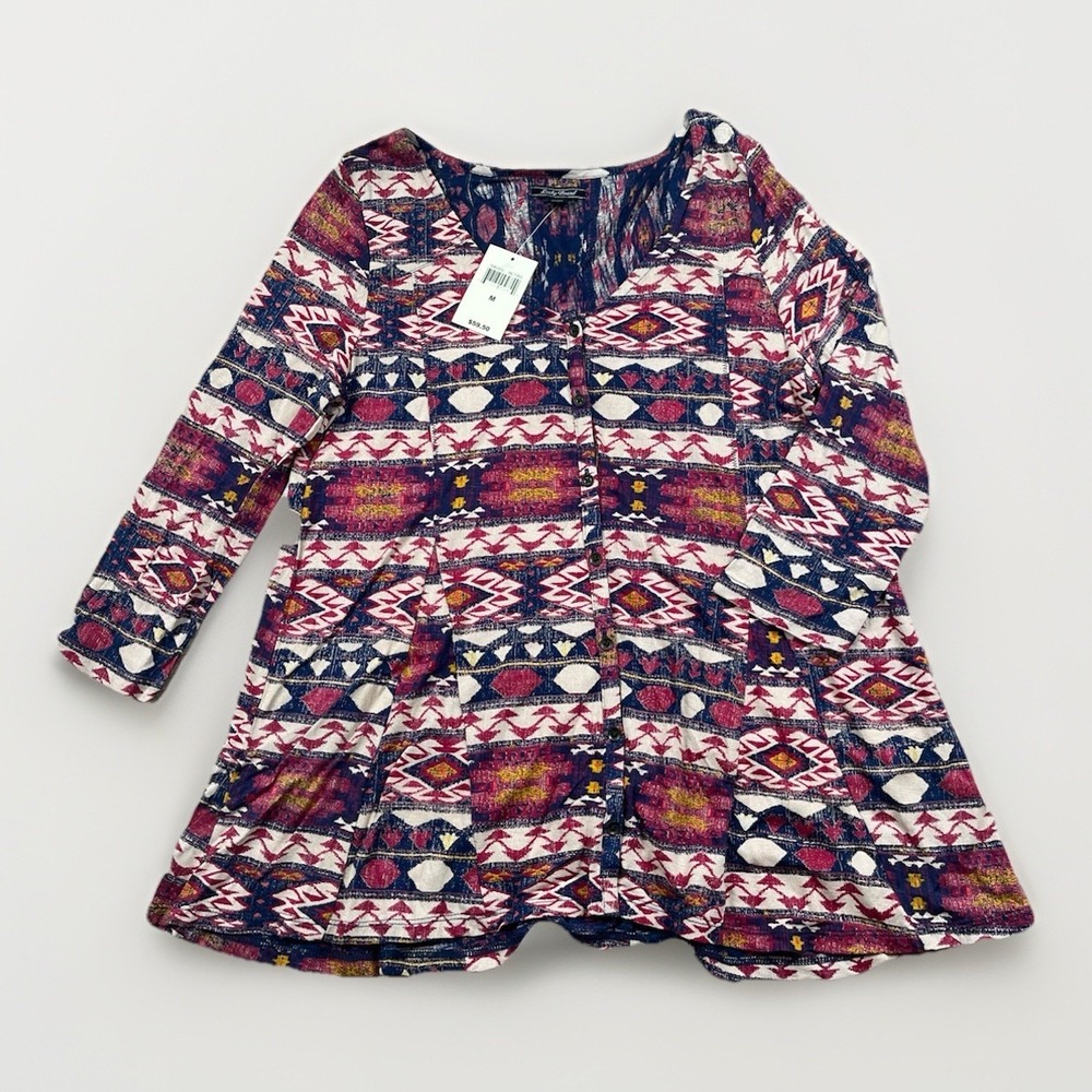Lucky Brand Blouse Tunic Size M Boho Aztec Print Top 3/4 Sleeves - NWT